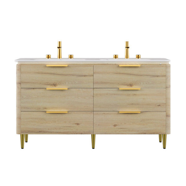English Elm AMARA 60" Bathroom Vanity with Integrated Sintered Stone Basin, Preassembled Plywood Cabinet with Motion-Activated Light and Soft-Close Drawers Carrara White,White Oak W2615P346338