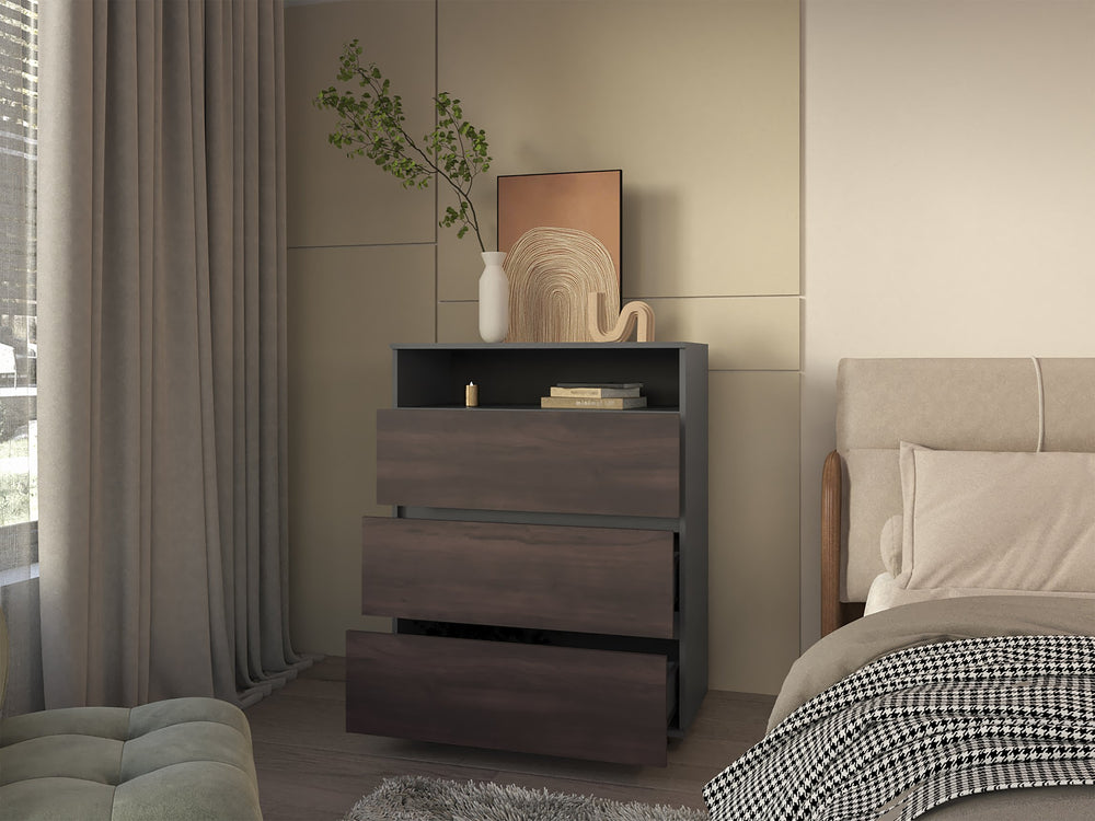 English Elm Aberdeen Matte Gray 4-Drawer Chest — Engineered Wood, Walnut Accents, Ample Storage, Modern Bedroom Elegance B092P368944