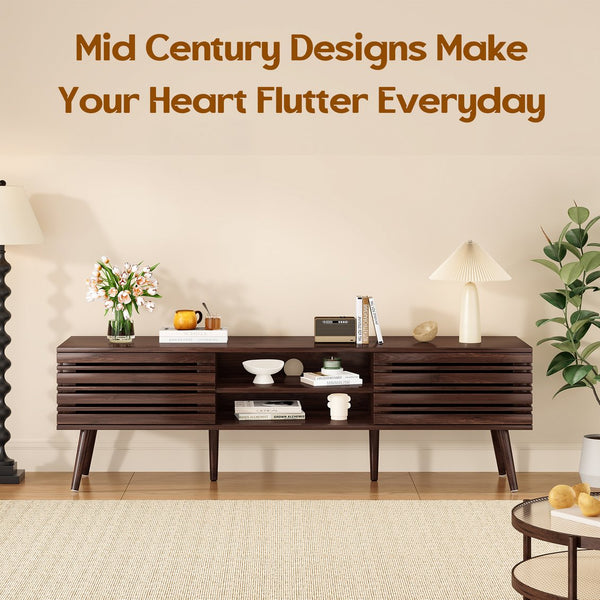 English Elm Mid Century Modern Fluted Wood Media Console with Storage Cabinets for Living Room Walnut T3623P435374