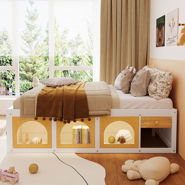 English Elm Full Size Kids Platform Bed with Led Lighting Bookshelf Display Cabinet and Storage Drawer White+Natural N820S00077K