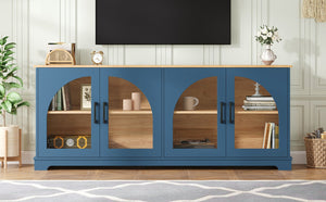 English Elm Farmhouse Media Console with Arched Glass Doors Wood Grain Two Tone Living Room Storage Blue N721P411204C