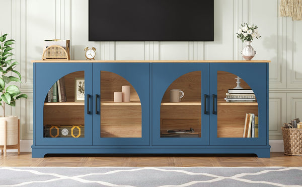 English Elm Farmhouse Media Console with Arched Glass Doors Wood Grain Two Tone Living Room Storage Blue N721P411204C