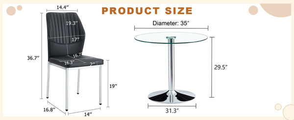 English Elm Table Set: 35" Round Transparent Glass Dining Table With 4 Black Pu Chairs & Silver Metal Legs W1151S03704-GIGA