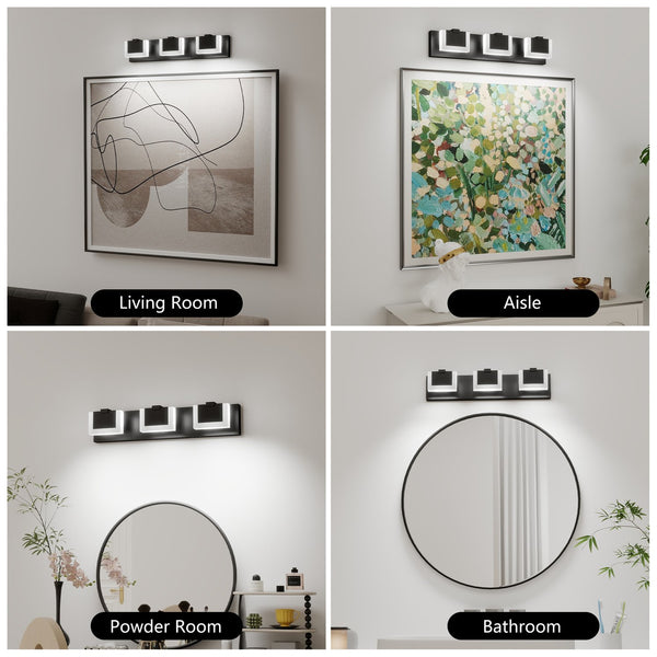 English Elm 3 Modern Black LED Vanity Light 3-Head Up/Down Wall Fixture 6000K Dimmable Iron Acrylic Bath W2312P374942