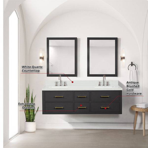 English Elm Black Double Bath Vanity Set With White Quartz Top, Chrome Faucets & 28" Matching Mirrors - Modern Elegance B2731S01825