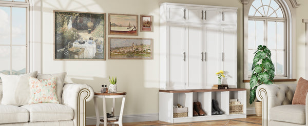 English Elm Farmhouse Hall Tree with Triple Arch Back Panel Eight Hooks Drawers and Entryway Bench White N721S000059K-1