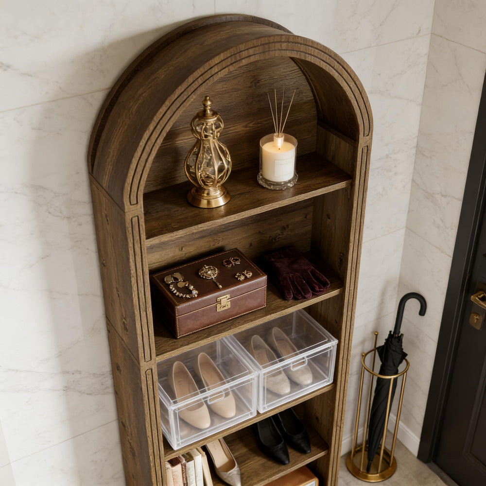 English Elm Storage Bookshelf with Vine Panel Design Seven Open Tiers for Living Room or Office T3971P461551