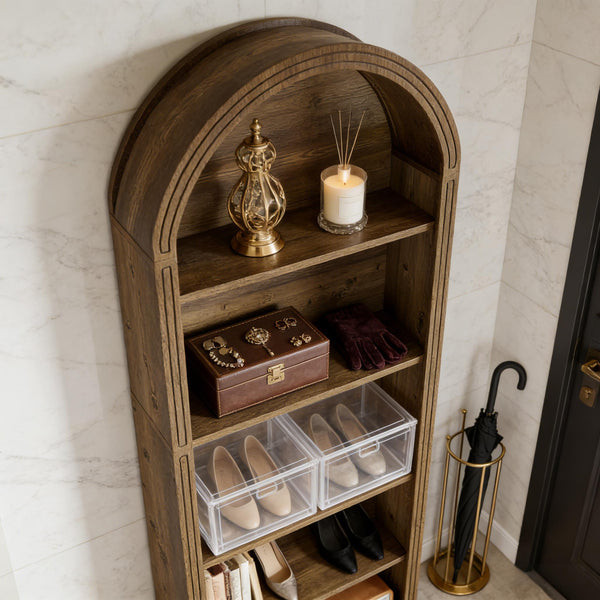 English Elm Storage Bookshelf with Vine Panel Design Seven Open Tiers for Living Room or Office T3971P461551