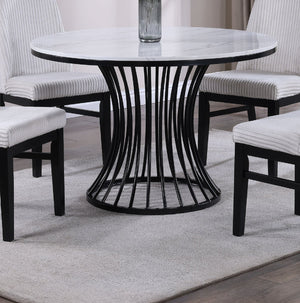 English Elm 1pc Round Faux Marble Dining Table 47.5" RD x 30"H — Sculptural Cage Base, Modern Black Finish B011S01393