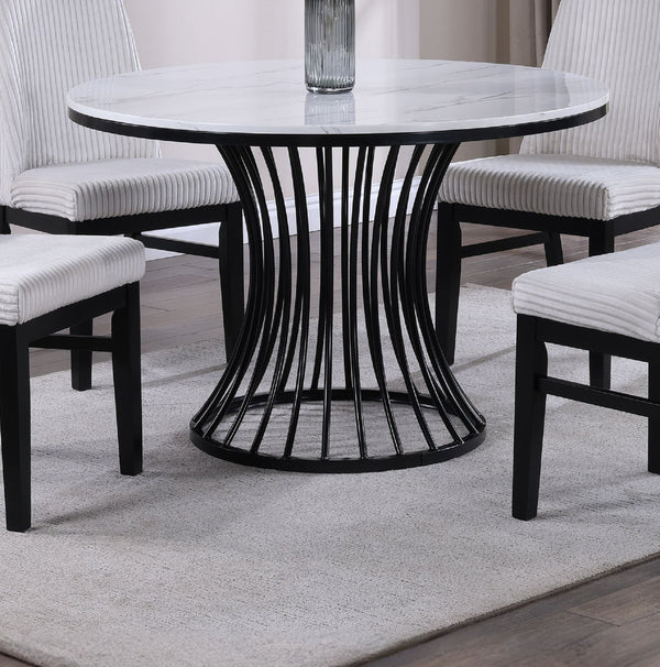 English Elm 1pc Round Faux Marble Dining Table 47.5" RD x 30"H — Sculptural Cage Base, Modern Black Finish B011S01393