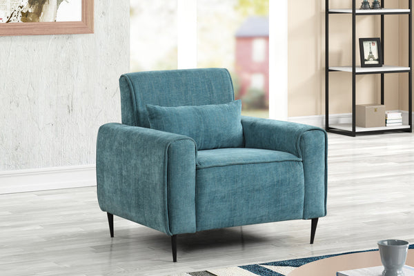 English Elm Rossa Chenille Accent Chair with Pocket Coil Seating Black Metal Legs and Throw Pillow Blue B2749S00079