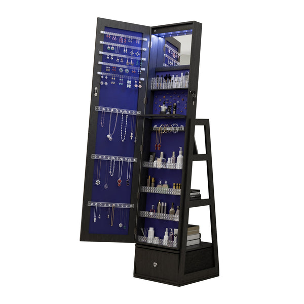 English Elm 360°swivel Jewelry Armoire with Led Lit Interior Full Length Mirror and Locking Drawers W3406P411294