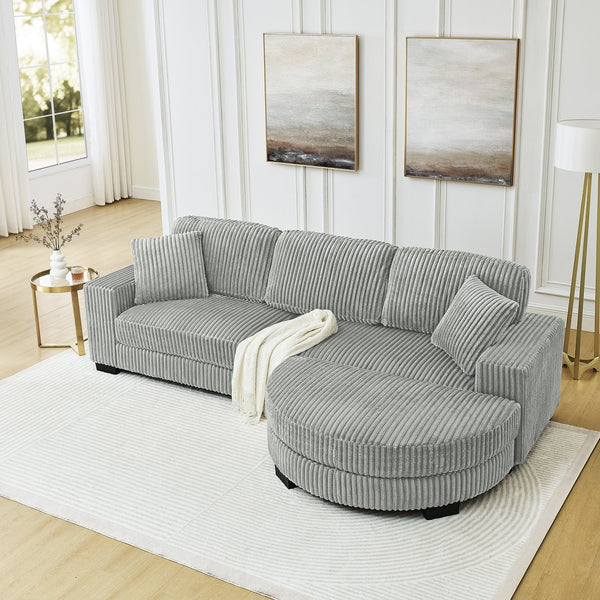 English Elm Corduroy L-Shaped Modular Sleeper Sectional Sofa With Versatile Footstool - Cozy Gray Comfort! W487S00344