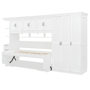 English Elm Twin Murphy Wall Bed with Integrated Desk Wardrobe and Storage Cabinet in White LP000767AAK