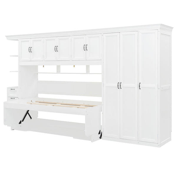 English Elm Twin Murphy Wall Bed with Integrated Desk Wardrobe and Storage Cabinet in White LP000767AAK