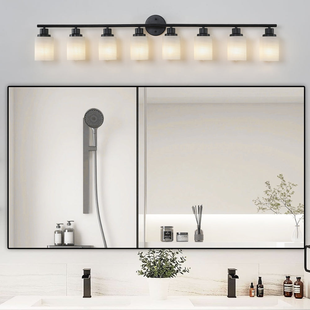 English Elm 52" Modern 8-Light Vanity Bathroom Wall Sconce - Frosted Glass & Black Iron Design For Stylish Illumination W2312P374808