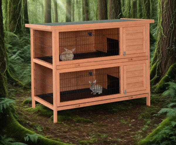 English Elm Rabbit Hutch Two Level Wooden Outdoor Pet Home with Pull Out Trays and Rain Roof T3971P383360