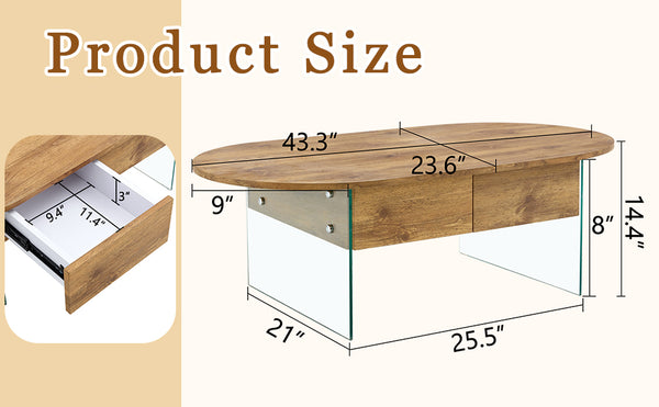 English Elm Coffee modern wood coffee table with double drawers, tempered glass sides, sleek storage & easy assembly W1151P191785