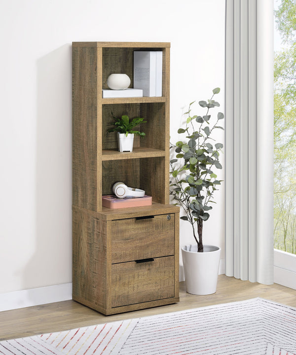 English Elm 1pc Multifunctional Bookcase with 3 Open Shelves, 2 Lockable Drawers and Dual USB-A/USB-C Charging Ports Brown,Mango color 42 L x 26.25 W x 8 H B011P337665