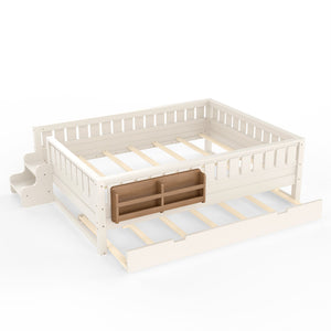 English Elm Queen Bunk Bed with Trundle Solid Pine Kids Car Themed Frame Built-in Bookshelf Beige W1580S00562