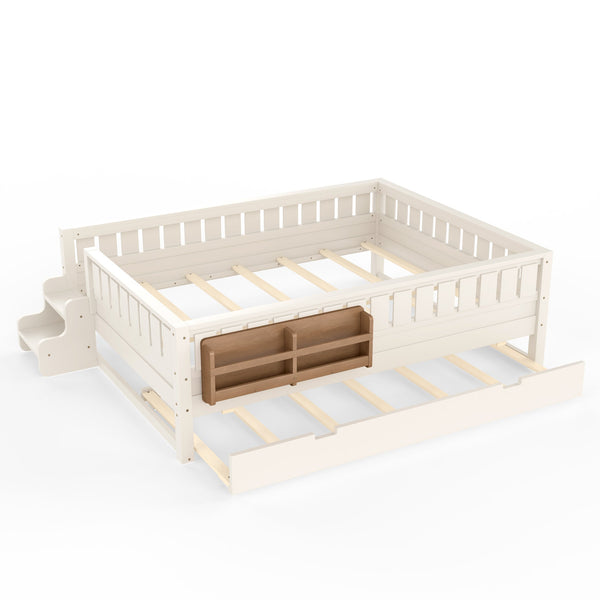 English Elm Queen Bunk Bed with Trundle Solid Pine Kids Car Themed Frame Built-in Bookshelf Beige W1580S00562