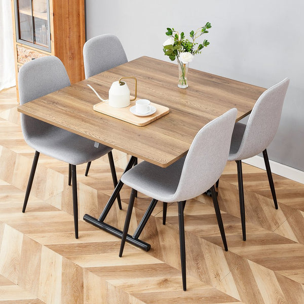 English Elm Table and Chair Set Adjustable Height Mdf Wood Grain Top with Four Linen Dining Chairs Black,Light Gray,Natural Wood W1151S03769