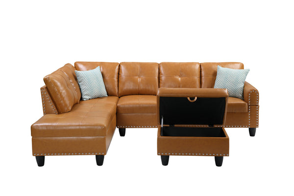 English Elm Black Faux Leather Sectional Sofa with Cup Holders Storage Ottoman and Nailhead Trim Ginger B2730S00020