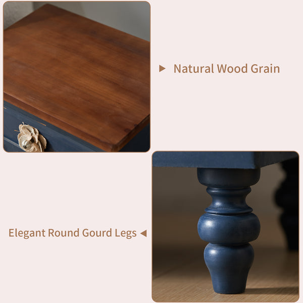 English Elm Vintage Farmhouse End Table with Floral Knobs 3-Drawer Rustic Nightstand Solid Wood Accents Antique Blue,Walnut W3306P318868