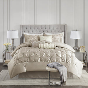 English Elm 7-piece Queen Tufted Pleated Comforter Set with Shams Bed Skirt Decorative Pillows Taupe B035P463172