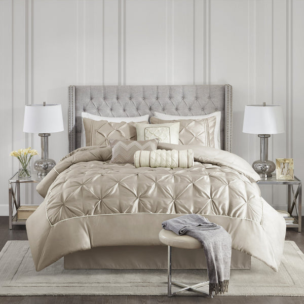 English Elm 7-piece Queen Tufted Pleated Comforter Set with Shams Bed Skirt Decorative Pillows Taupe B035P463172