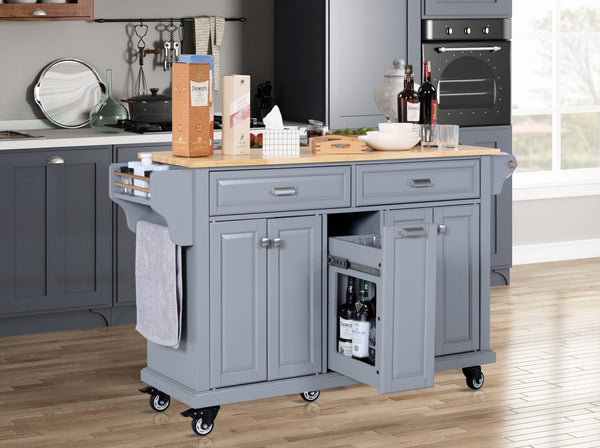 English Elm Kitchen Island Rubber Wood Countertop Mobile Cart with Towel & Spice Racks, Drawers, Storage Wheels Grey W914P147989