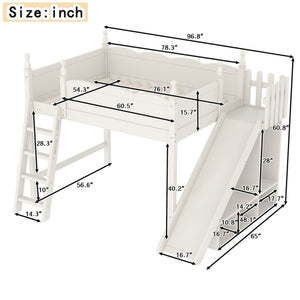 English Elm Twin Loft Bed Solid Pine Frame with Wardrobe Shelving Detachable Slide Kids Room Beige W5305S00023