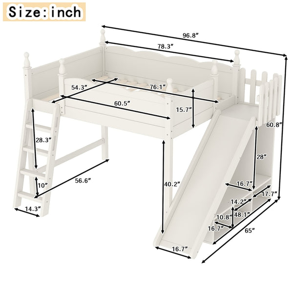English Elm Twin Loft Bed Solid Pine Frame with Wardrobe Shelving Detachable Slide Kids Room Beige W5305S00023