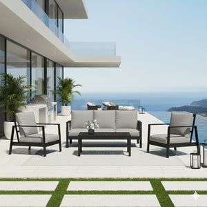 English Elm 4-piece Outdoor Conversation Set with Powder-coated Aluminum Frame and Plush Deep Cushions Black+Grey B082S00102