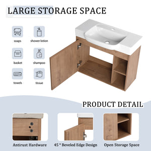 English Elm 28'' Floating Bathroom Vanity with Ceramic Sink Soft Close Door Melamine Cabinet Imitative Oak W999P426637