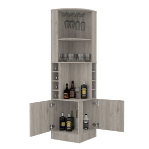 English Elm Syrah Corner Bar Cabinet with 8 Bottle Cubbies, Double Doors, Glass Rack and Display Nook Light Gray 46 L x 23 W x 7 H B200P242413