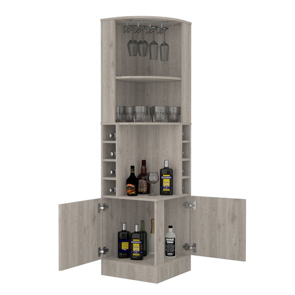 English Elm Syrah Corner Bar Cabinet with 8 Bottle Cubbies, Double Doors, Glass Rack and Display Nook Light Gray 46 L x 23 W x 7 H B200P242413