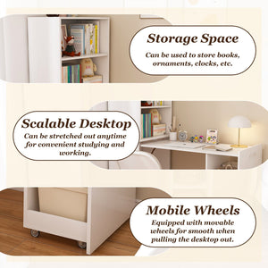 English Elm Stretchable expandable office desk with magnetic fold, lockable casters, adjustable shelves for storage and space-saving White W509P355680