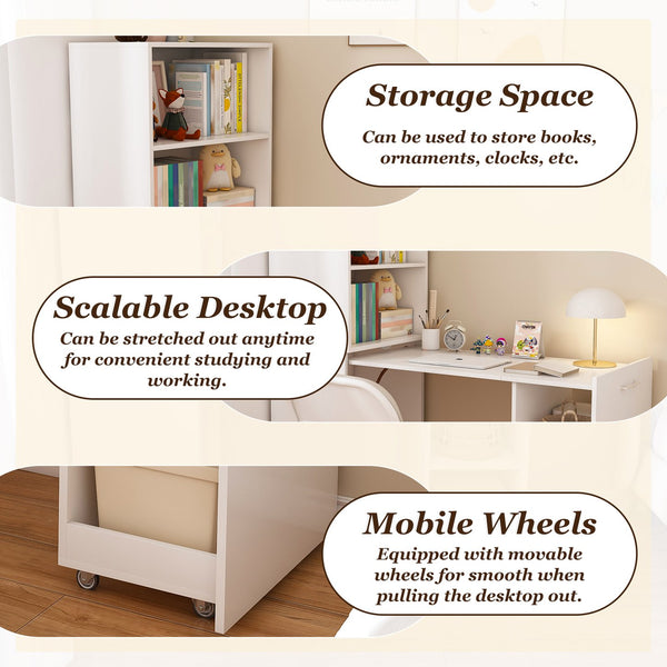 English Elm Stretchable expandable office desk with magnetic fold, lockable casters, adjustable shelves for storage and space-saving White W509P355680