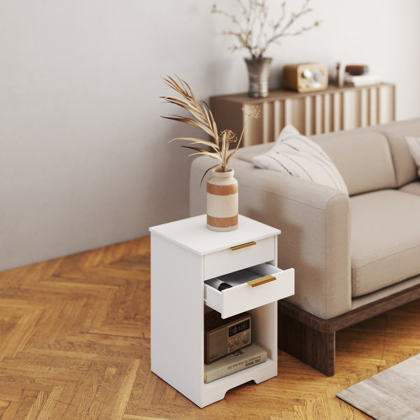 English Elm Nighstand White 2-Drawer Nightstand with Open Shelf, Gold Handles, Modern Compact End Table W3151P346294