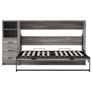 English Elm Twin Murphy Bed with Drawers & LED Light — Space-Saving Gray Cabinet Bed, Solid MDF/Pine, 800lb Capacity N709P002049D