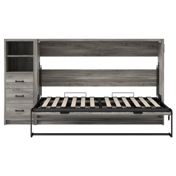 English Elm Twin Murphy Bed with Drawers & LED Light — Space-Saving Gray Cabinet Bed, Solid MDF/Pine, 800lb Capacity N709P002049D