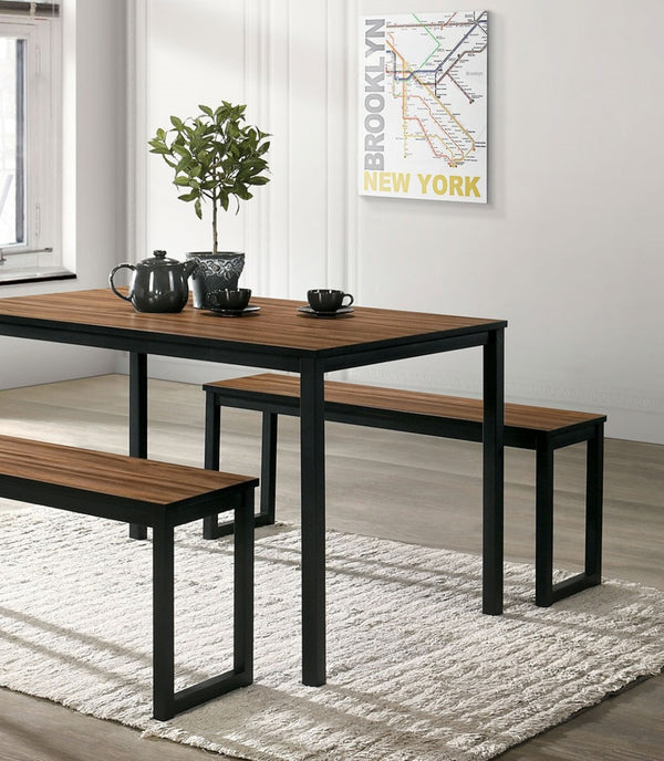 English Elm Industrial 3pc Dining Set Walnut Top with Black U-Shape Metal Legs, Benches, Modern Durable Elegance B2741P383856