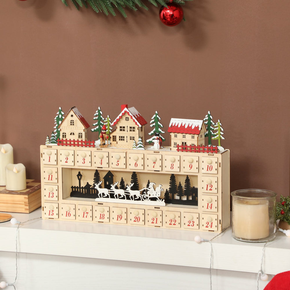 English Elm Christmas Village Advent Calendar 24 Drawer Wood Effect Display with Warm Led Glow T3971P381251