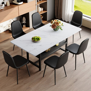 English Elm Table And Chair Set - Modern 71" White Grain Dining Table With Storage & 6 Black Pu Upholstered Chairs W1151S04265-GIGA
