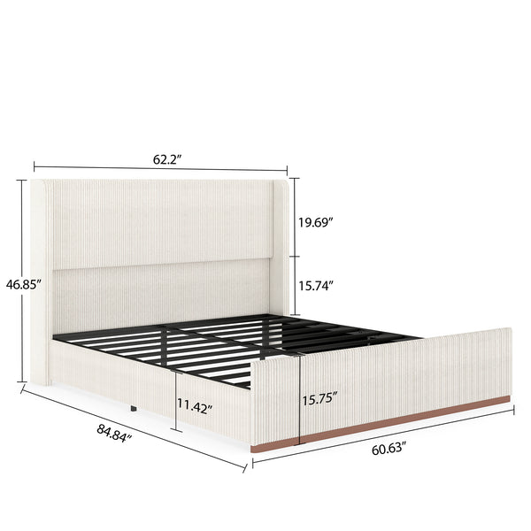 English Elm Queen Wingback Upholstered Bed Tall Corduroy Headboard Stylish Bedroom Frame T3963P447211