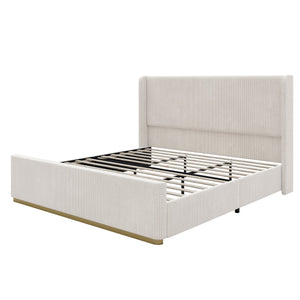 English Elm King Corduroy Upholstered Bed Frame with 130L Storage Ottoman, Vertical Wingback Headboard, Light Grey - Durable Metal/Wood Construction BS701P201394E