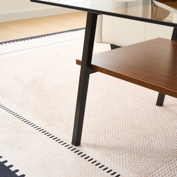 English Elm Rectangle Coffee Table – Modern Brown Tempered Glass With Sturdy Black Metal Legs For Living Rooms W241126036-GIGA