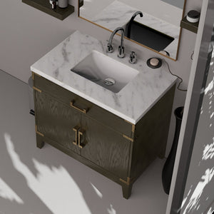 English Elm Brown Oak Single Bath Vanity With Carrara Marble Countertop & Matching 34" Mirror For Elegant Style B2731S01459