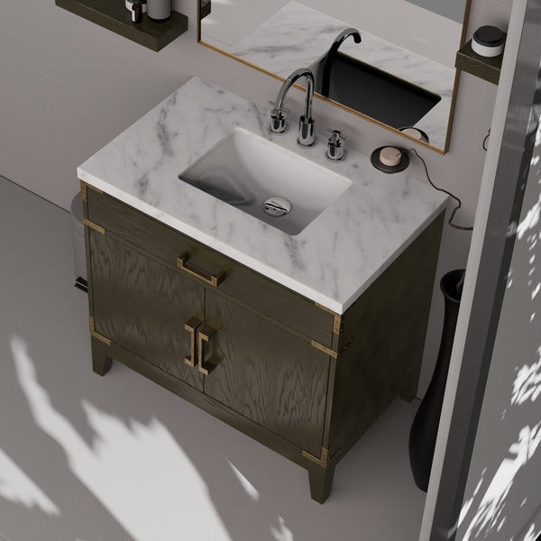 English Elm Brown Oak Single Bath Vanity With Carrara Marble Countertop & Matching 34" Mirror For Elegant Style B2731S01459
